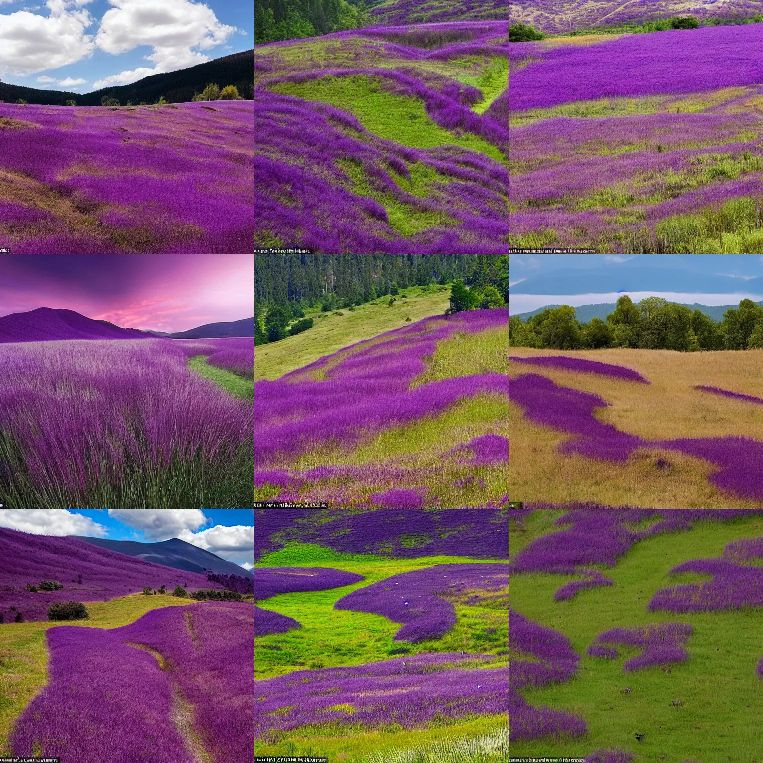 Prompt: purple wilderness : the rolling slopes are all over the place, and the wild grass on the planet is purple, which is a delicious ingredient that all creatures can eat