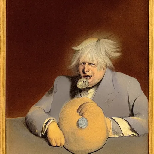 Image similar to portrait of boris johnson by goya in style of saturn devouring his son