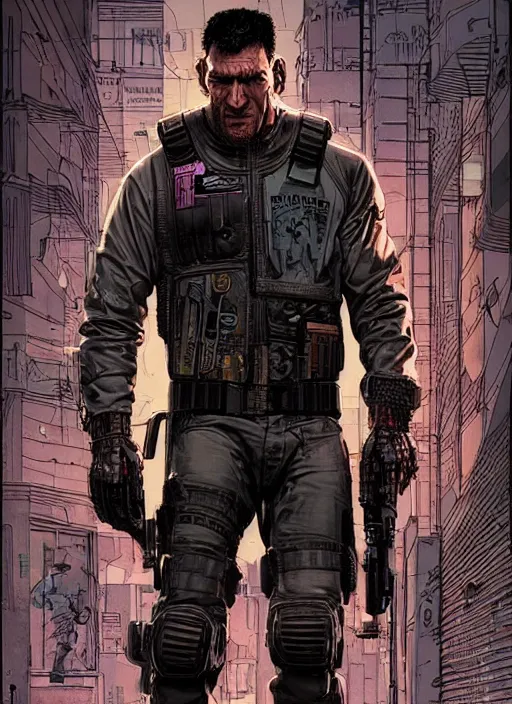 Image similar to the punisher. cyberpunk mercenary in tactical harness and jumpsuit. portrait by stonehouse and mœbius and will eisner and gil elvgren and pixar. realistic proportions. dystopian. cyberpunk 2 0 7 7, apex, blade runner 2 0 4 9 concept art. cel shading. attractive face. thick lines.