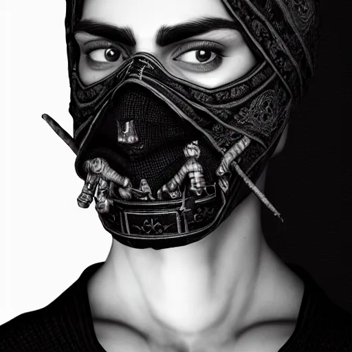 Image similar to man wearing black fabric mask, character art portrait, deviantart artstation, intricate details, eerie, highly detailed, photorealistic, octane render, 8 k, unreal engine by artgerm