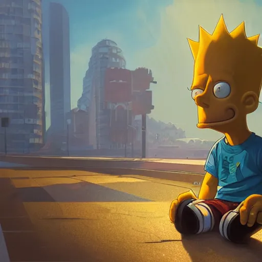 Image similar to highly detailed portrait bart simpson, in gta v, stephen bliss, unreal engine, fantasy art by greg rutkowski, loish, rhads, ferdinand knab, makoto shinkai and lois van baarle, ilya kuvshinov, rossdraws, tom bagshaw, global illumination, radiant light, detailed and intricate environment