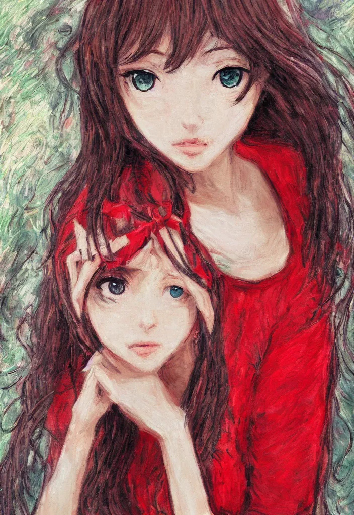 Image similar to close shot portrait of a teenage girl, a cute red outfit, tokyo anime scene, very anime in impressionist style, anime trending artwork, anime painter studio, by claude monet