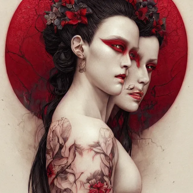 Image similar to ultra realistic illustration, beautiful ethereal woman dressed in red kimono, backview, tattoos, in the style of peter mohrbacher by weta digital and beth cavener, high face symmetry, intricate, masterpiece, award winning, high face symmetry, intricate