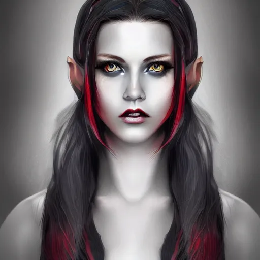 Prompt: Digital portrait of a beautiful half-elf half-vampire young woman. Her hair have black and white strands. Red irises, vertical pupils. Award-winning digital art, trending on ArtStation