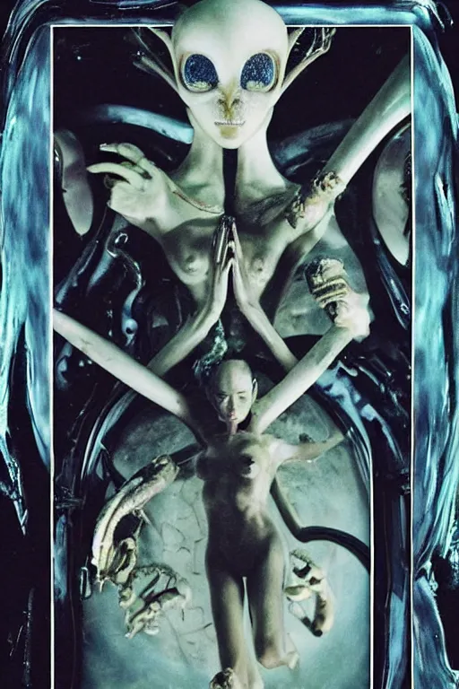 Prompt: polaroid still symmetry frame from Alien Covenant movie by Takashi Murakami, from Pan's Labyrinth (2006) by James Stokoe, creation of life , dressed by Salvatore Ferragamo and by Chanel, haute couture painted by Peter Paul Rubens and by John Baeder, editorial fashion photography from vogue magazine, in coral stalagmite by Jean-Michel Basquiat