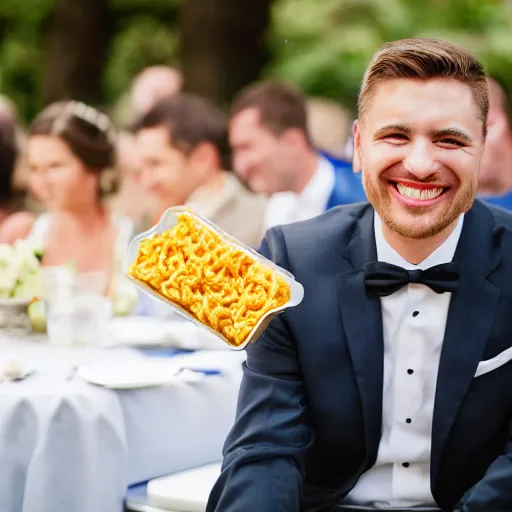 Image similar to a man smiling brings a tupperware of macaroni to a wedding