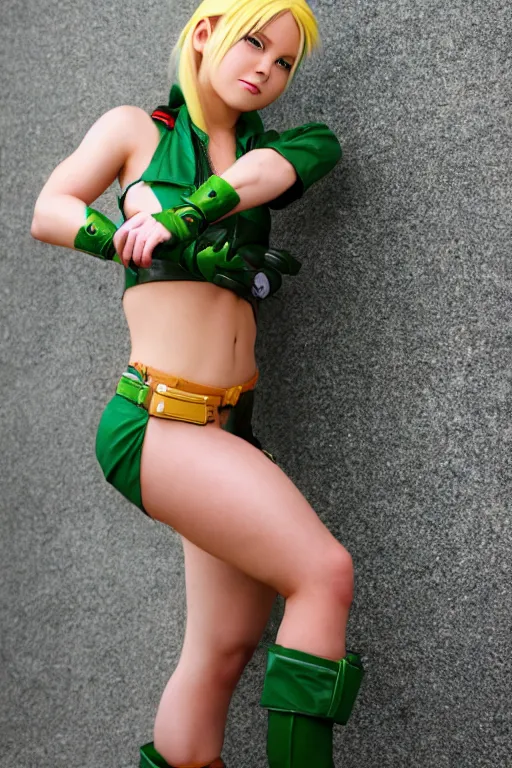 Image similar to cosplaying as cammy from street fighter, promo shoot, stuidio lighting, trending on deviantart