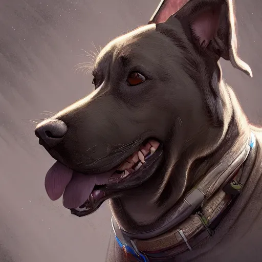 Prompt: big friendly dog with drool on face staying on bottom legs in full height near closed doors with big gate value, concept art, trending on artstation, highly detailed, intricate, sharp focus, digital art, 8 k