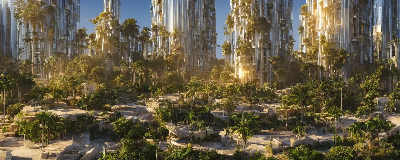 Image similar to contemporary golden babylon tower, sacred ancient architecture, hanging gardens, cascading highrise, arid mountains with lush palm forest, sunlight, post - production, octane, cgi, sfx