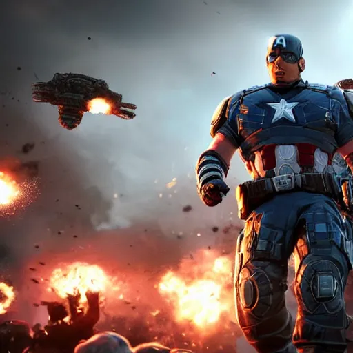 Image similar to Donald Trump as captain america in Gears of War, splash art, movie still, cinematic lighting, dramatic, octane render, long lens, shallow depth of field, bokeh, anamorphic lens flare, 8k, hyper detailed, 35mm film grain