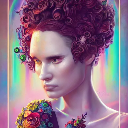 Image similar to Lofi cyberpunk portrait beautiful woman with short brown curly hair, roman face, Romanesque, unicorn, rainbow, floral, Pixar style, Tristan Eaton, Stanley Artgerm, Tom Bagshaw