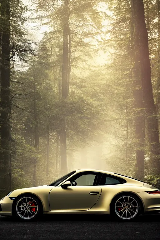 Prompt: Phot of a Porsche 911 Carrera 3.2 parked on a road, forest in the background, volumetric lighting, golden hour, fog, award winning, highly detailed, photo print.
