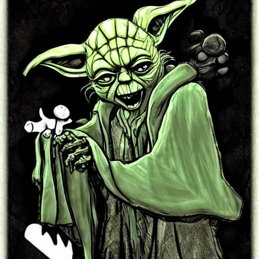 Prompt: grunge drawing of a cartoon yoda with big bloody eyes and a wide smile by mrrevenge, corpse bride style, horror themed, detailed, elegant, intricate