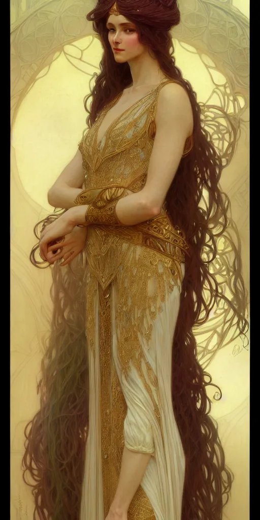 Image similar to character portrait of a modest woman, tall, feminine, powerful, modestly clothed, voluminous, intricate, elegant, highly detailed, digital painting, artstation, smooth, symmetrical, sharp focus, illustration, art by gaston bussiere and alphone mucha