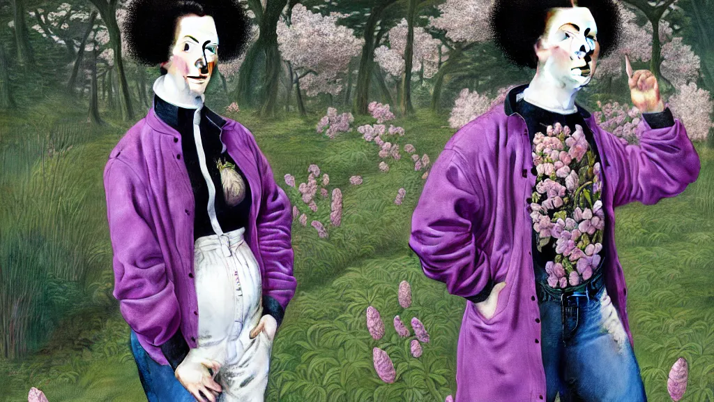 Prompt: portrait of a curvy woman with lilac frizzy hair, wearing an embroidered jeans jackets, a high collar t - shirt and baggy jeans by balenciaga, standing in a botanical garden, bjork aesthetic, masterpiece, cyberpunk, in the style of rogier van der weyden, asian art