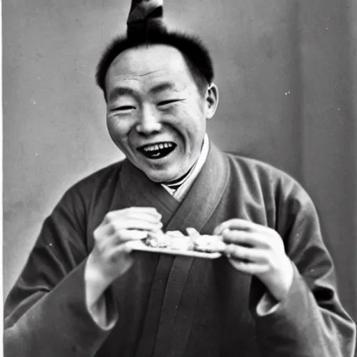Prompt: a photo of a ecstatic man from qing empire eating a hamburger, award winning photo, high quality
