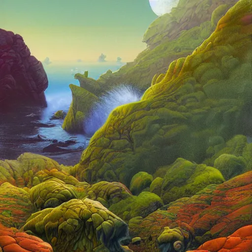 Image similar to digital painting of a lush natural scene on an alien planet by gerald brom. digital render. detailed. beautiful landscape. colourful weird vegetation. cliffs and water.