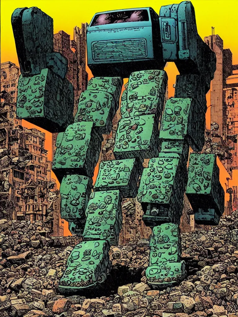 Image similar to an individual Giant stone robot walking down the street, a crushed car is under the robot’s foot by Richard Corben