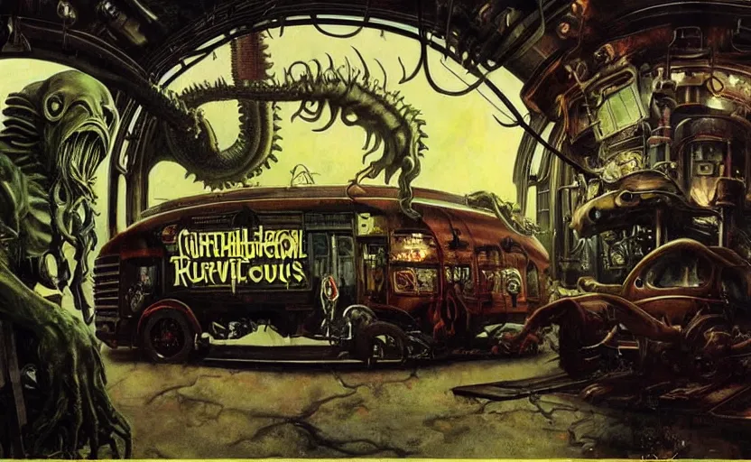 Image similar to cthulhu devouring a steampunk school bus. highly detailed science fiction painting by norman rockwell, frank frazetta, and syd mead. rich colors, high contrast, gloomy atmosphere, dark background. trending on artstation