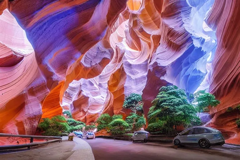 Image similar to futuristic luxurious street with Singaporean lush onsen with royal white and pink and white and luxurious gold colors, advanced civilization, high-end onsen, at the Antelope canyon with rocks formed by water erosion, walls made of beautiful smooth sandstone light beams that shine, polish narrow slots of walls into a striated swirling finish, waterfalls flowing with a volcanic lava eruption, lavs flowing through the land, digital painting, concept art, smooth, sharp focus, from Star Trek 2021, illustration, by WLOP and Ruan Jia and Mandy Jurgens and William-Adolphe Bouguereau, Artgerm