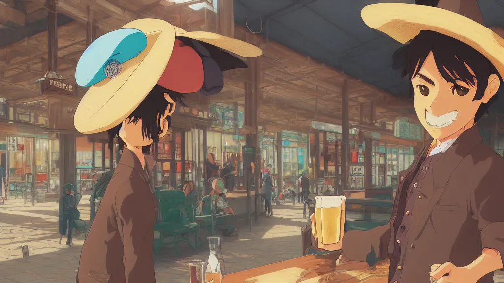 Image similar to anime illustration of illustration of a mexican man,, with one small, dirt, wild west, with hat, drinking a beer at train station, by makoto shinkai, ilya kuvshinov, lois van baarle, rossdraws, basquiat, studio ghibli, global illumination ray tracing hdr