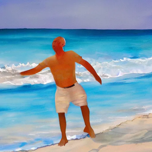 Image similar to artistic representation of a happy man dancing alone in aruba on the beach