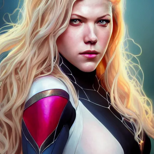 Image similar to beautiful Katheryn Winnick as Spider-Gwen, western, closeup, D&D, fantasy, intricate, elegant, highly detailed, digital painting, artstation, concept art, matte, sharp focus, illustration, art by Artgerm and Greg Rutkowski and Alphonse Mucha