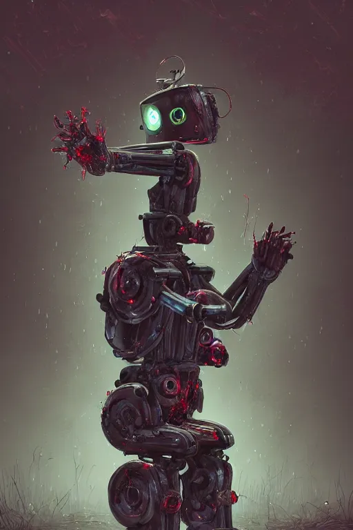 Prompt: broken robot in dirty torn tatters conjures zombie summoning magic, night, rain, moonlight, graveyard, highly detailed, digital painting, artstation, sharp focus, illustration,