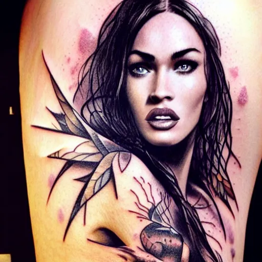 Image similar to tattoo design sketch of megan fox mash up effect with beautiful mountain scenery, in the style of matteo pasqualin, amazing detail