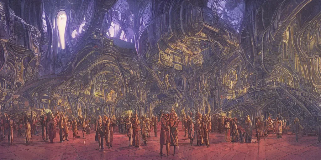 Prompt: a cinematic shot of the interior of a sci - fi space station with ornate elven architecture bustling with people by jean giraud moebius, crystalline, emerald, matte illustration by moebius