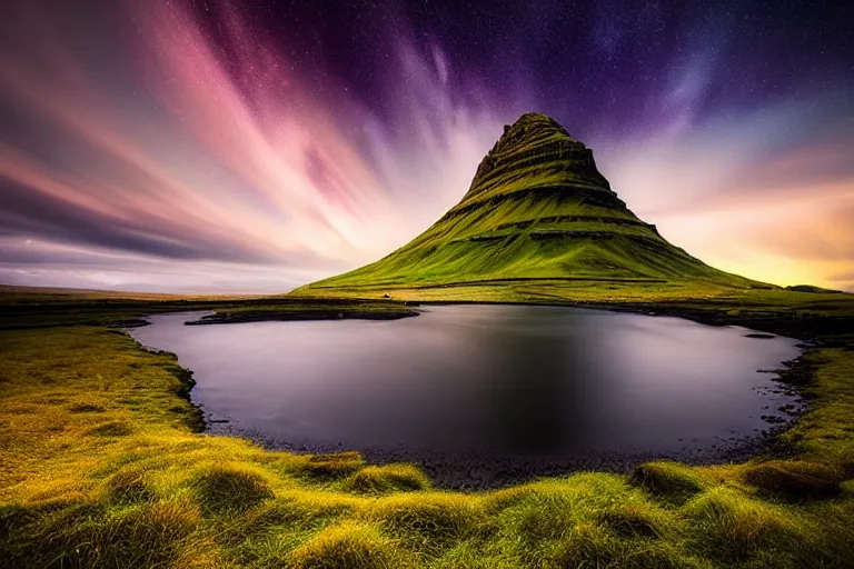 Prompt: amazing landscape photo of Kirkjufell by marc adamus, beautiful, dramatic lighting