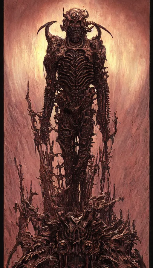 Image similar to Doom themed painting of symmetrical torso demonic hell armor with extended evil armored hands concept, intricate artwork by H.R. Giger, Johnatan Wayshak, Zdizslaw Beksinski, Ayami Kojima, Amano, Karol Bak, Moebius, and Mark Brooks, Neo-Gothic, gothic, rich deep colors, art by Takato Yamamoto, masterpiece, face by Artgerm, very coherent artwork, cinematic, hyper realism, high detail, octane render, unreal engine, 8k, High contrast, golden ratio, trending on cgsociety