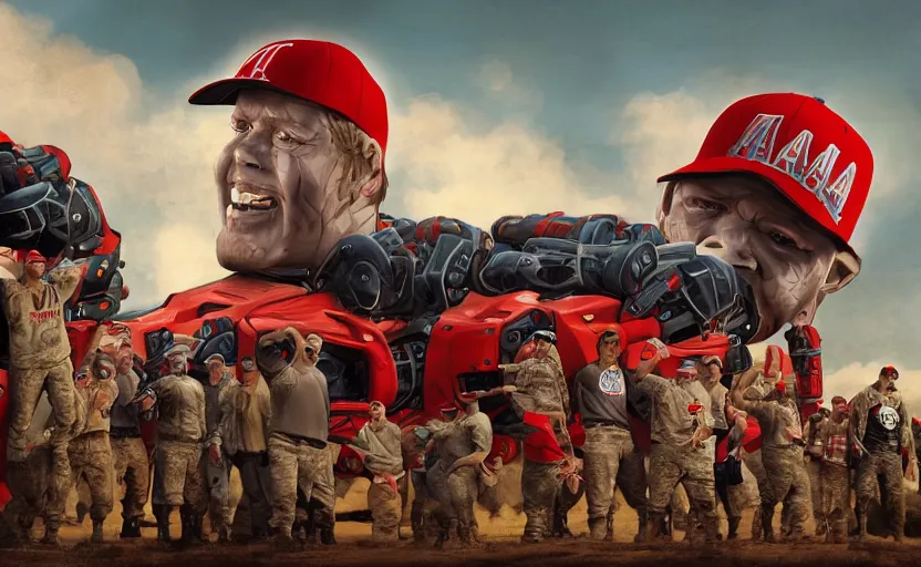 Prompt: american rednecks hail the invasion of gigantic human - like robots in maga baseball caps, artstation hq, stylized, symmetry, modeled lighting, expressive, studio photo refined, highly detailed, hyper realistic, top secret photos from military archive