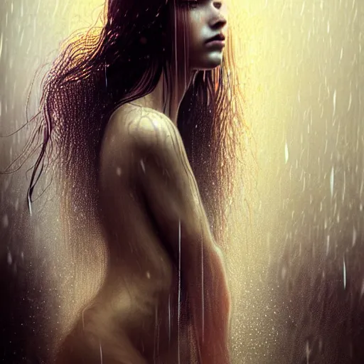 Image similar to portrait of a girl in the rain with wet hair and face, fantasy, intricate, elegant, dramatic lighting, emotionally evoking symbolic metaphor, highly detailed, lifelike, photorealistic, digital painting, artstation, concept art, smooth, sharp focus, illustration, art by John Collier and Albert Aublet and Krenz Cushart and Artem Demura and Alphonse Mucha