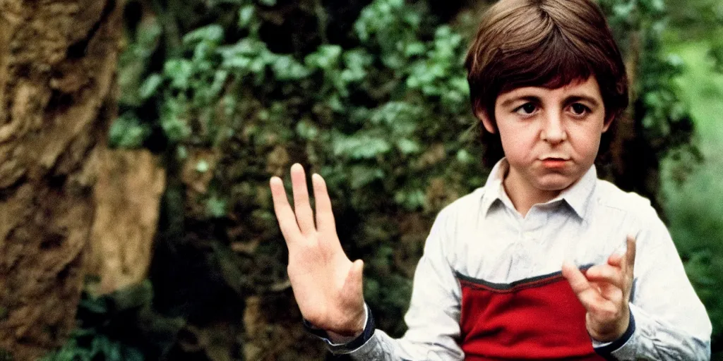 Prompt: A full color still of young Paul McCartney looking at his palm, dressed as a hobbit inside his house, directed by Stanley Kubrick, 35mm, 1970