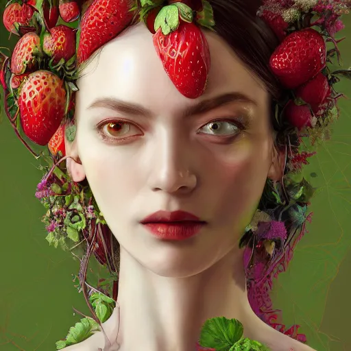 Prompt: the portrait of an absurdly beautiful, graceful, elegant, sophisticated, chaste woman made of strawberries and green petals looking up, an ultrafine hyperdetailed illustration by kim jung gi, irakli nadar, intricate linework, bright colors, octopath traveler, final fantasy, unreal engine 5 highly rendered, global illumination, radiant light, detailed and intricate environment