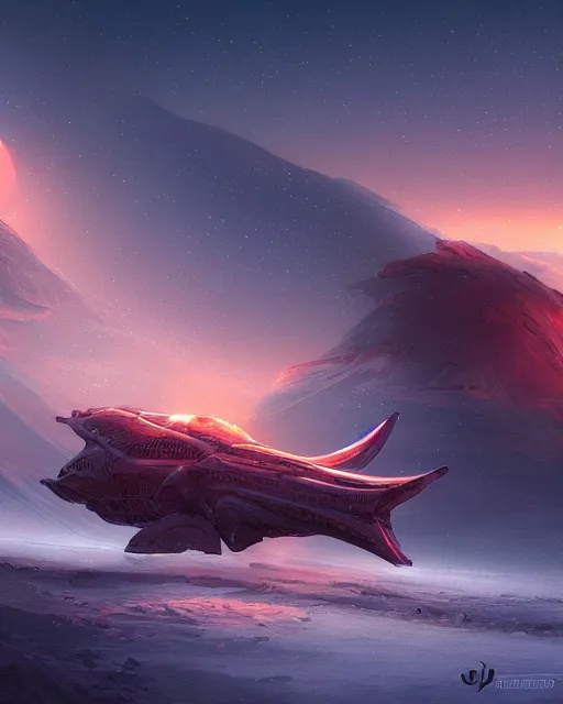 Image similar to legendary space ship, ice fish shape, desert planet, cinematic, highly detailed, scifi, intricate digital painting, sunset, red glow, illustration, artstation, by johnson ting, jama jurabaev