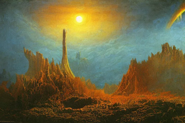 Prompt: mesozoic cosmic upheaval turmoil landscape in the style of dr. seuss, tower of babylon, painting by albert bierstadt