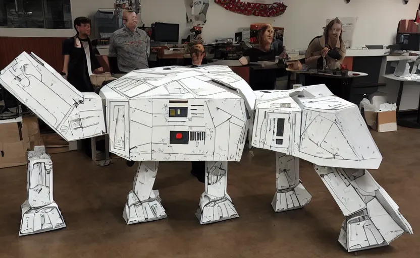 Image similar to a starwars at - at constructed from pizza