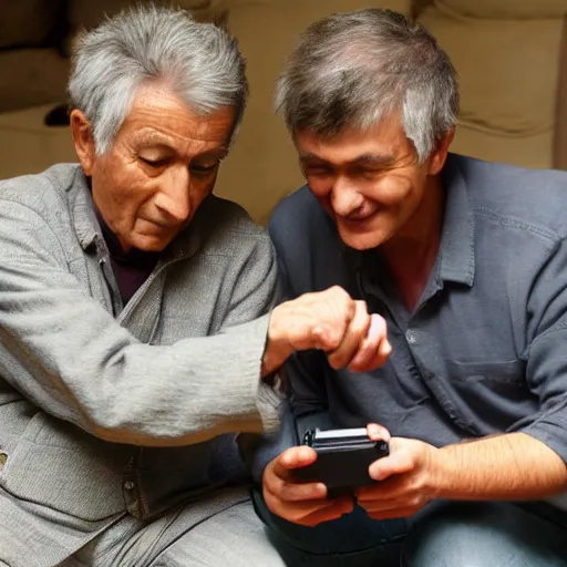 Prompt: a photograph of two men from the 1 2 th century playing on a handheld console