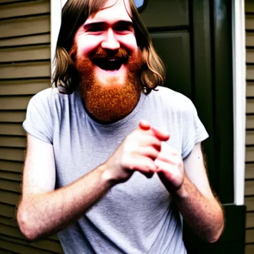 Prompt: bearded long - haired bo burnham outside of his house, smiling and dancing