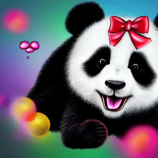 Prompt: cute little panda with a bow popping bubbles digital art cute by greg rutkowsky