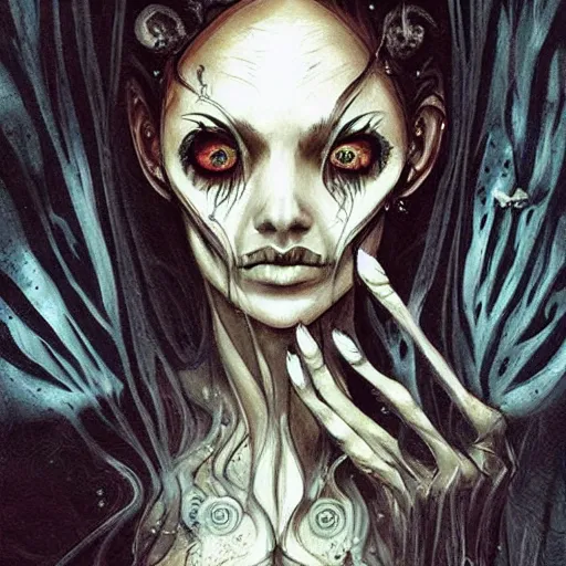Prompt: very beautiful eldritch woman, horror, eldritch, eerie, very detailed eyes, beautiful face, art by loish, dave mckean