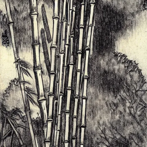 Image similar to photorealistic creepy demonic building disk osprey creek spice bamboo tree , by Katsushika Hokusai and George Inness and Paul Cezanne , 20 megapixels , storybook illustration , charcoal drawing