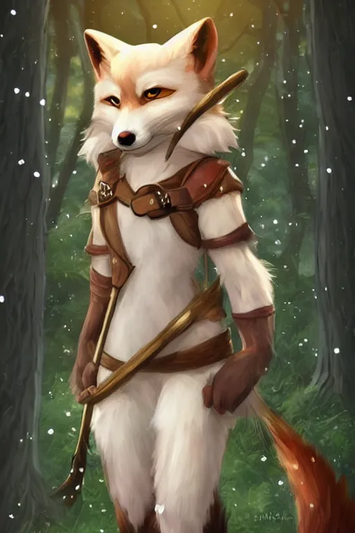 Image similar to a pretty medieval anthropomorphic snow fox ranger with a fluffy tail in the forest, comic art, trending on furaffinity, cartoon, kawaii, backlighting, furry art!!!, radiant light, bokeh, trending on artstation, digital art