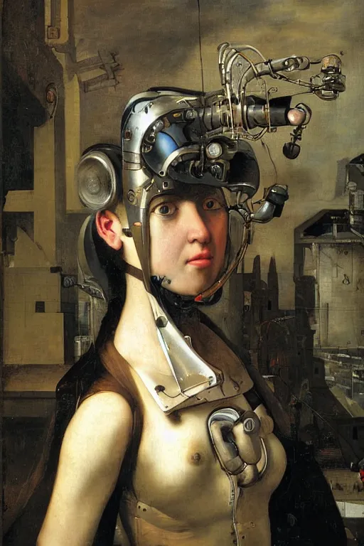 Prompt: a close - up portrait of a cyberpunk cyborg girl, by jan steen, rule of thirds