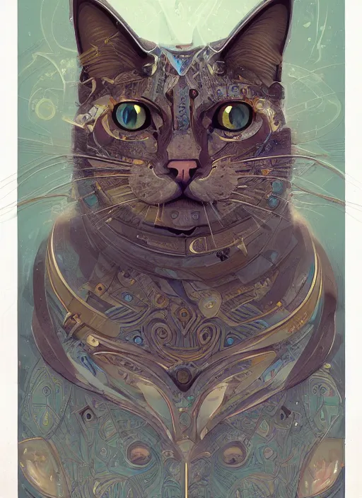 Image similar to geometric cat portrait, identical eyes, medium shot, fantasy, illustration, detailed line work, symmetrical, acid vintage color palette, artstation, hyper detailed, cinematic lighting, incredibly detailed and intricate, ornate, by peter mohrbacher