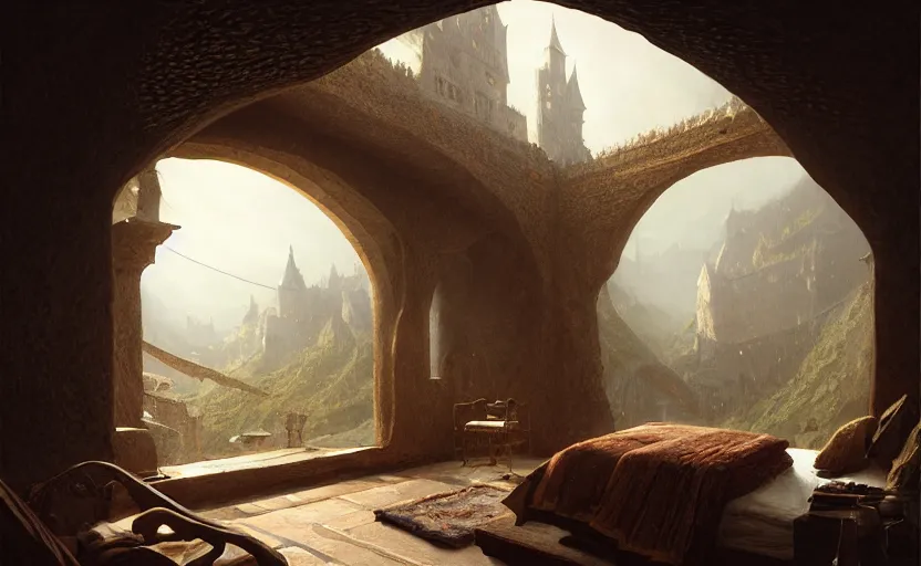 Image similar to painting of a series of a ring of bedrooms carved inside a mountain viewed from courtyard below, cozy bed, well maintained, clean, medieval, fantasy genre, natural light, fantasy, natural light, sharp focus, concept art, by greg rutkowski and craig mullins, cozy atmospheric and cinematic lighting, trending on artstation