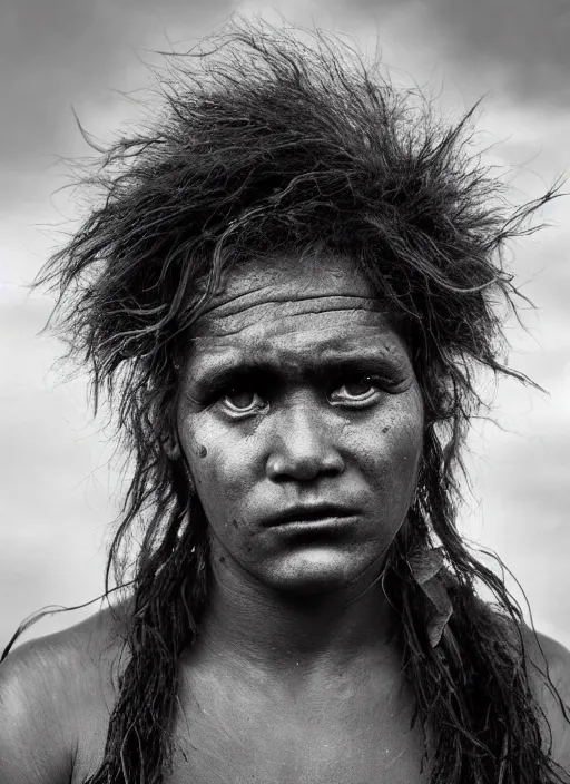 Image similar to Award winning Editorial photo of a Native Nauruans with incredible hair and beautiful hyper-detailed eyes wearing traditional garb by Lee Jeffries, 85mm ND 5, perfect lighting, gelatin silver process