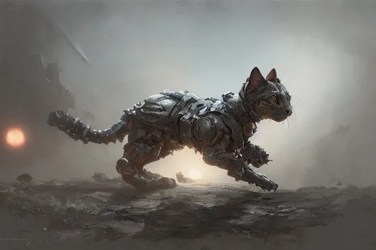 Image similar to armored cat by jean - baptiste monge, high quality, high resolution, 4 k, painted by cgsociety, rutkowski, gurney with ambient lighting, concept art, detailed, smooth, dynamic volumetric cinematic lighting, octane, raytrace